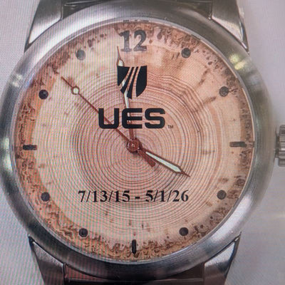Custom engraved corporate gift watch with a Douglas-fir wood dial, example 15