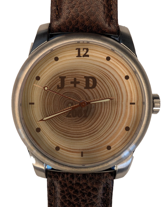 Handmade 25-year tree ring wood watch dial engraved 2001 with initials