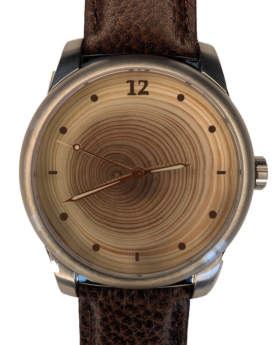 Handmade 25-year tree ring wood watch, standard dial