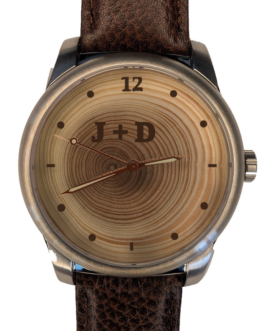 Handmade 25-year tree ring wood watch dial with engraved initials