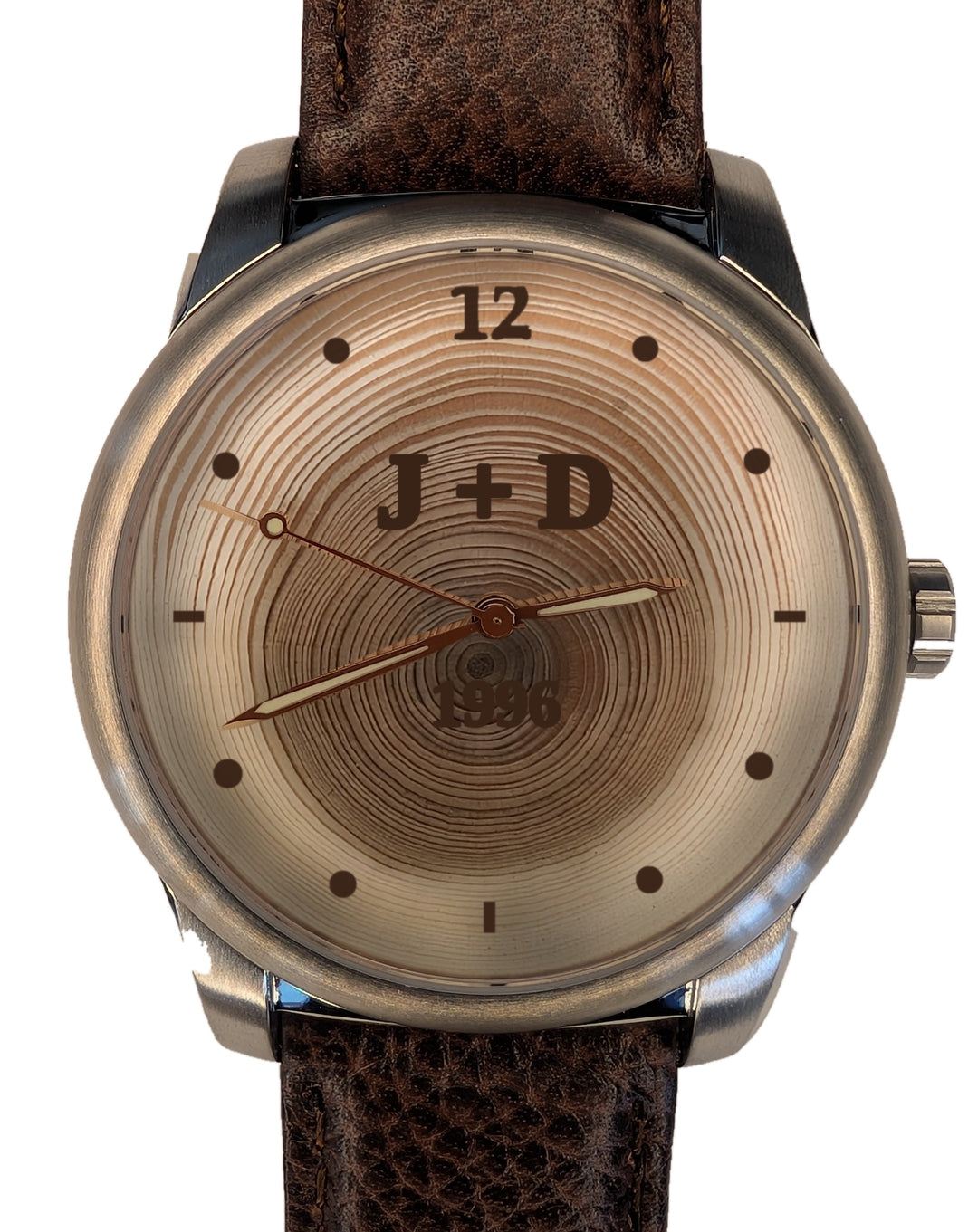 Handmade 30-year tree ring wood watch dial engraved 1996 with initials