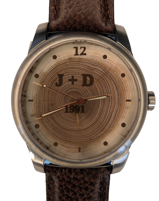 Tree ring dial with 35 rings, year 1991 and initials