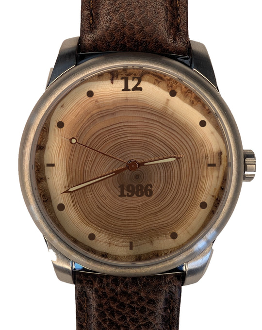 Handmade 40-year tree ring wood watch dial engraved 1986