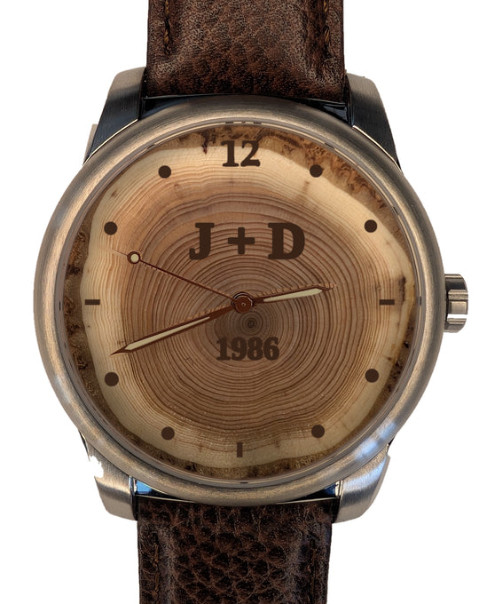 Handmade 40-year tree ring wood watch dial engraved 1986 with initials