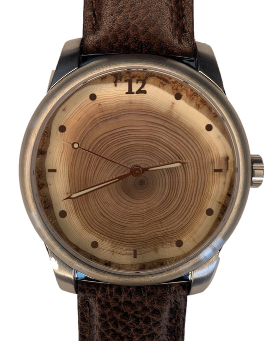 Handmade 40-year tree ring wood watch, standard dial