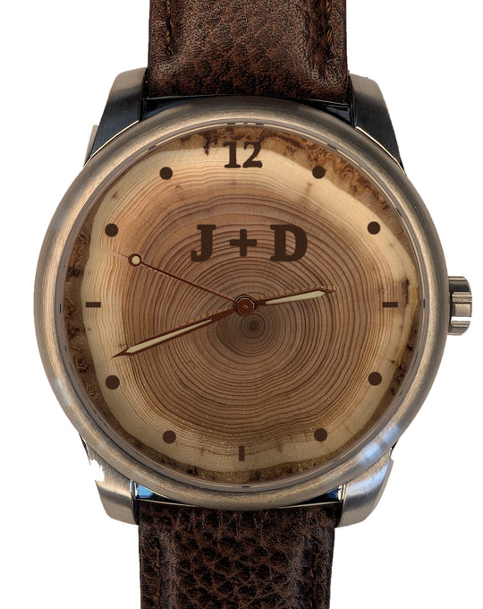 Handmade 40-year tree ring wood watch dial with engraved initials
