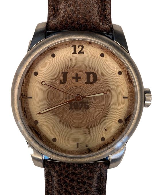 Handmade 50-year tree ring wood watch dial engraved 1976 with initials