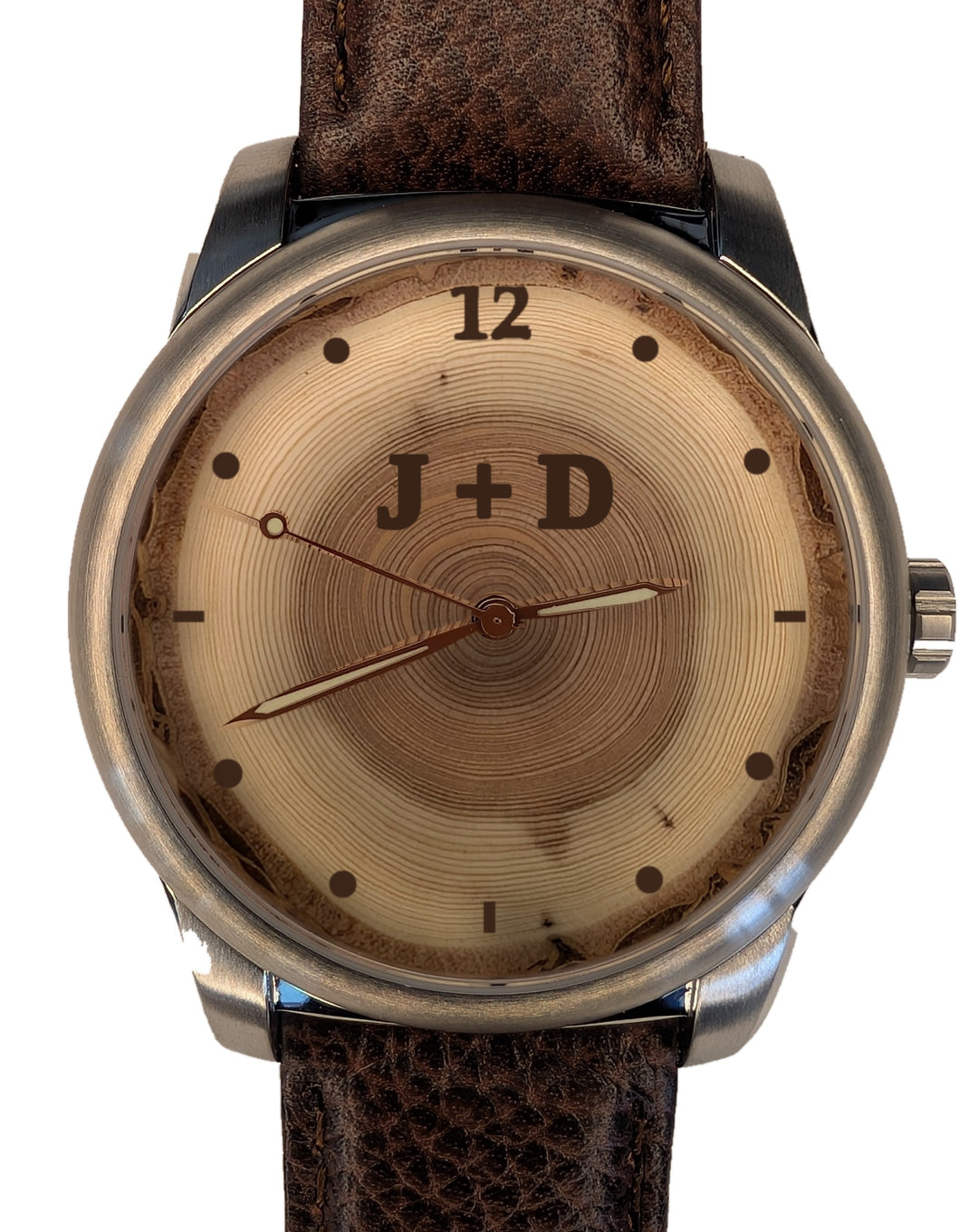 Handmade 50-year tree ring wood watch dial with engraved initials