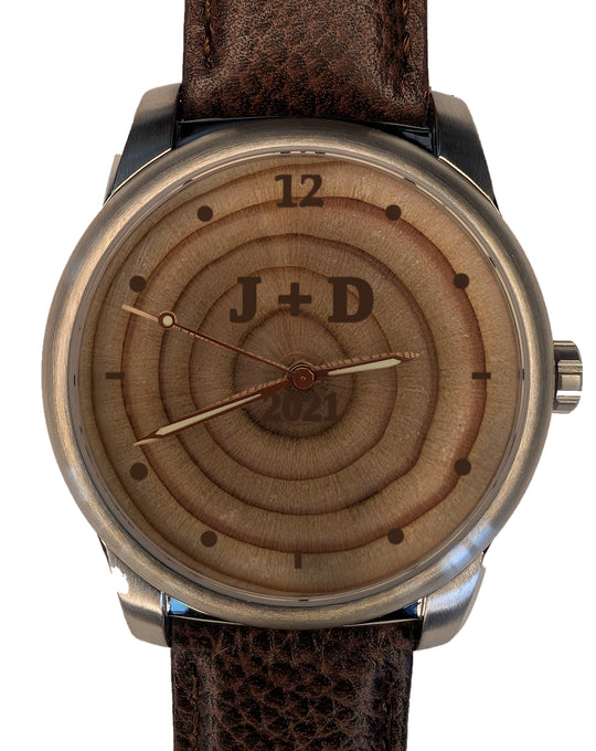 Handmade 5-year tree ring wood watch dial engraved 2021 with initials