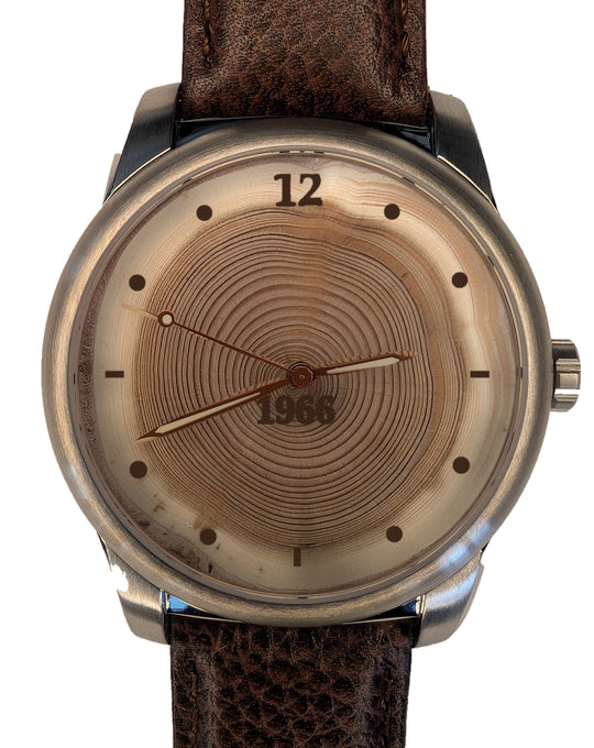 Handmade 60-year tree ring wood watch dial engraved 1966