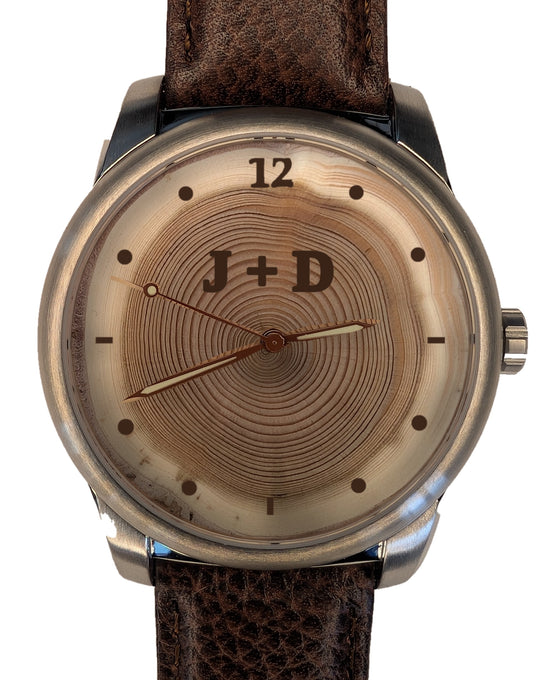 Handmade 60-year tree ring wood watch dial with engraved initials