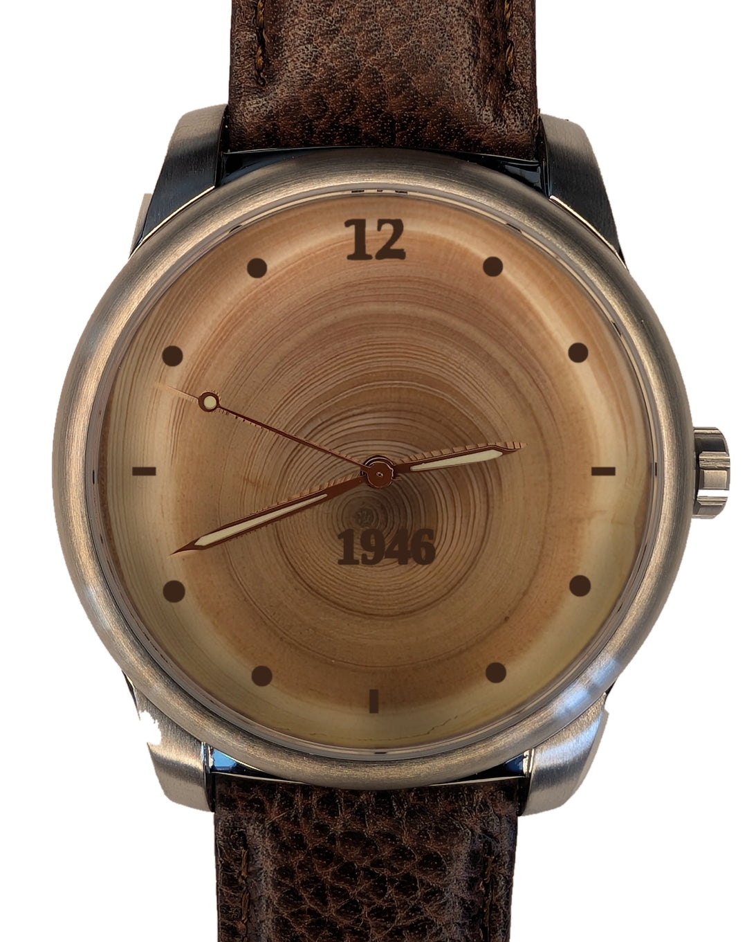 Handmade 80-year tree ring wood watch dial engraved 1946