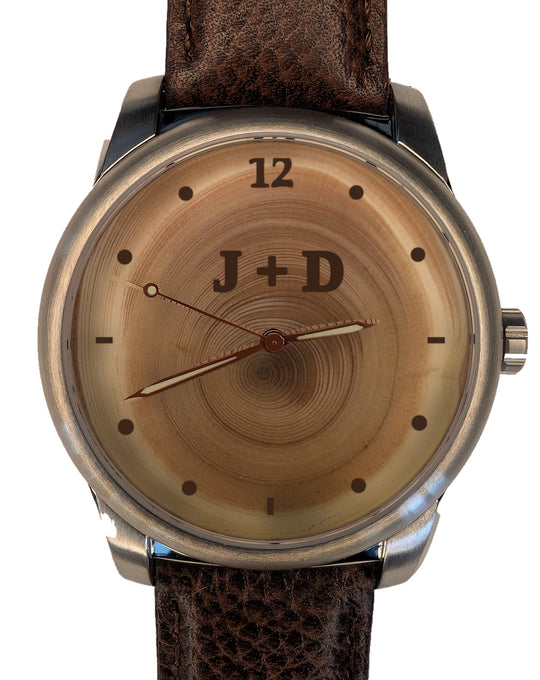 Handmade 80-year tree ring wood watch dial with engraved initials