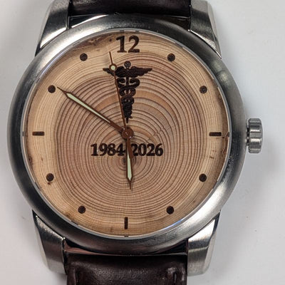 Custom engraved corporate gift watch with a Douglas-fir wood dial, example 16