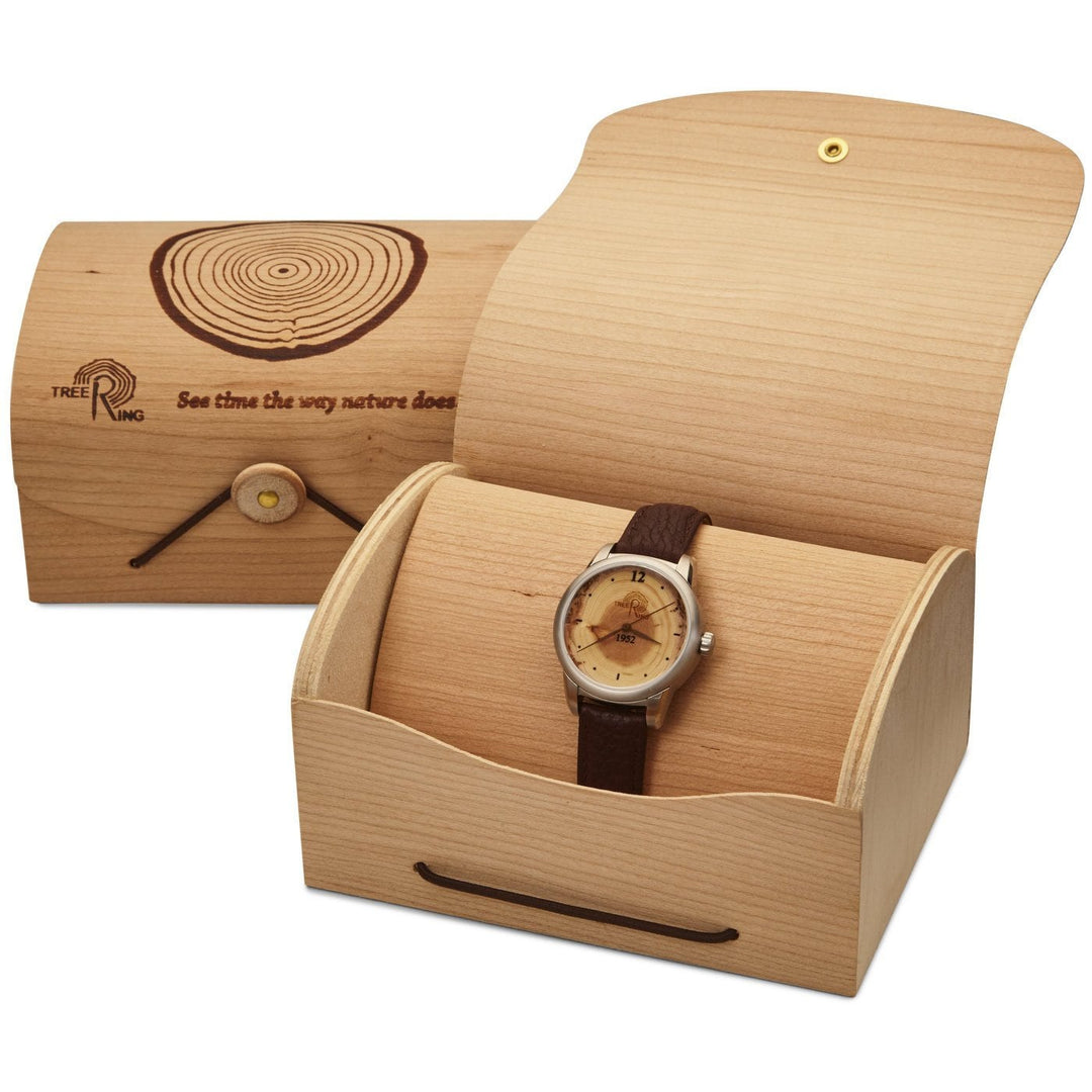 30th wedding anniversary gift watch in a handcrafted wooden box with tree ring design, featuring a unique wood dial inlaid with mother-of-pearl.