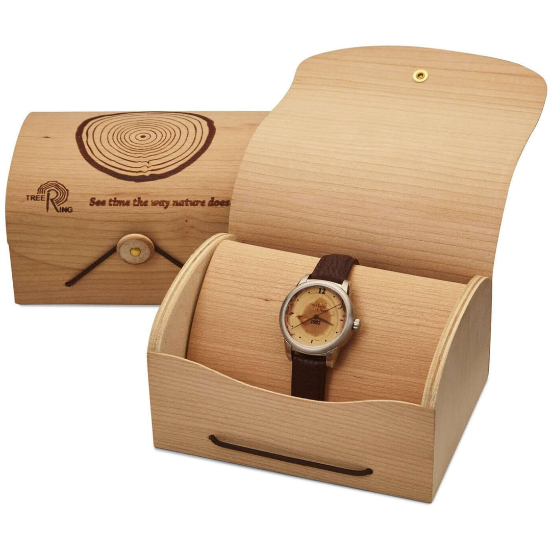 5th wedding anniversary gift for him, wooden watch in a handcrafted box with a tree ring design.
