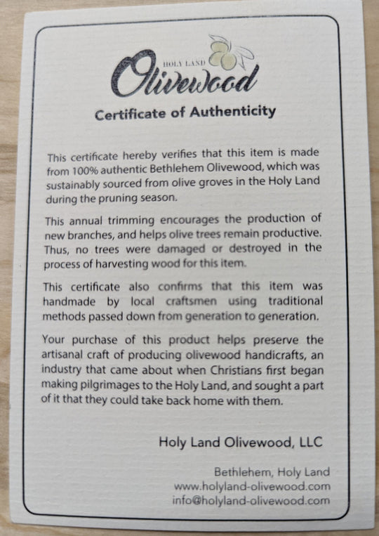 Certificate of authenticity for 100% Bethlehem Olivewood item, detailing sustainable sourcing and craftsmanship.