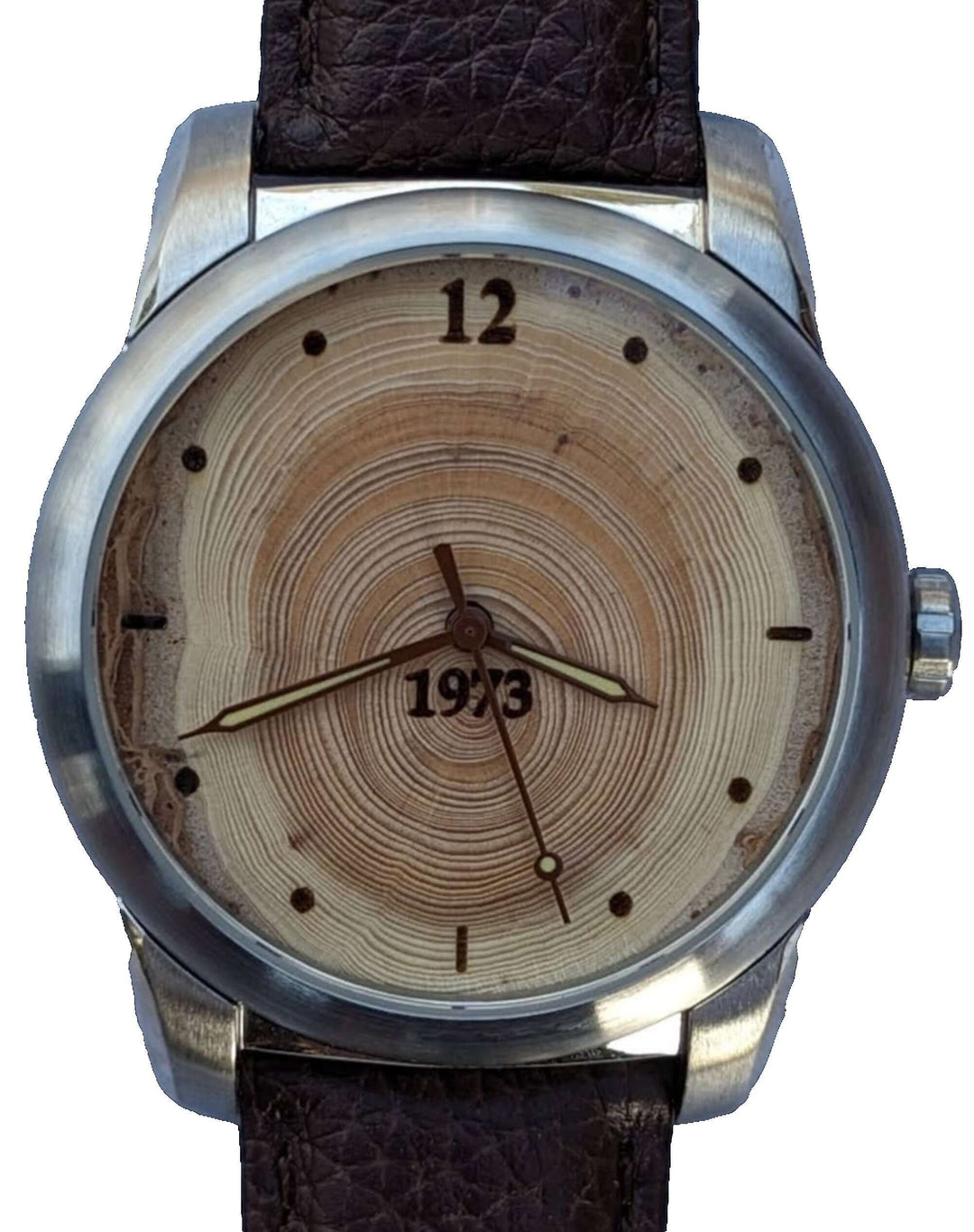 Tree ring watch featuring a unique wooden dial marked with the year 1973, perfect for memorable gifts and anniversaries.