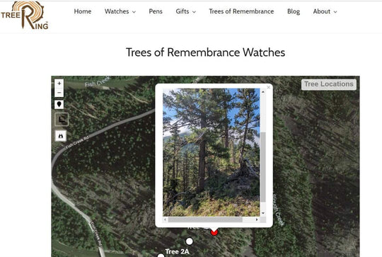 Map view showing location of Trees of Remembrance Watches with a photo of a living tree on Tree Ring website.