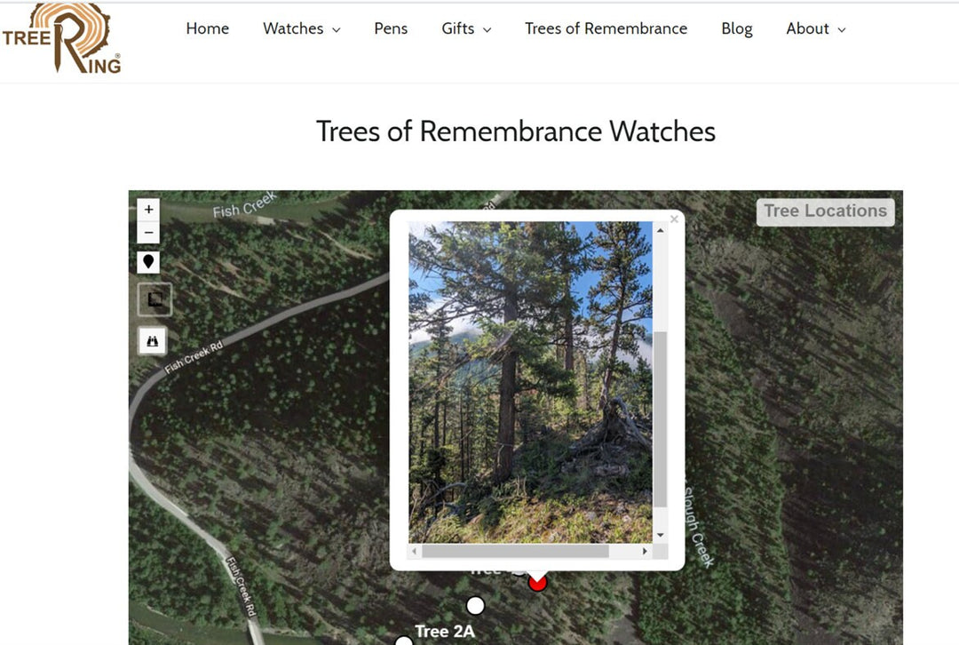 Map showing locations of Trees of Remembrance with a scenic forest view in the Tree Ring Watches website.