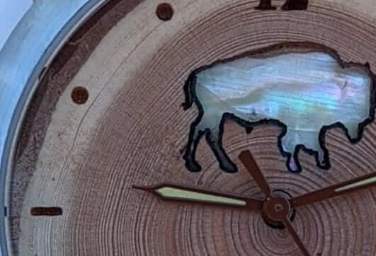 Colorado Bison Gift Watch featuring a Mother of Pearl buffalo inlay on hand-selected wood dial with Seiko quartz movement.