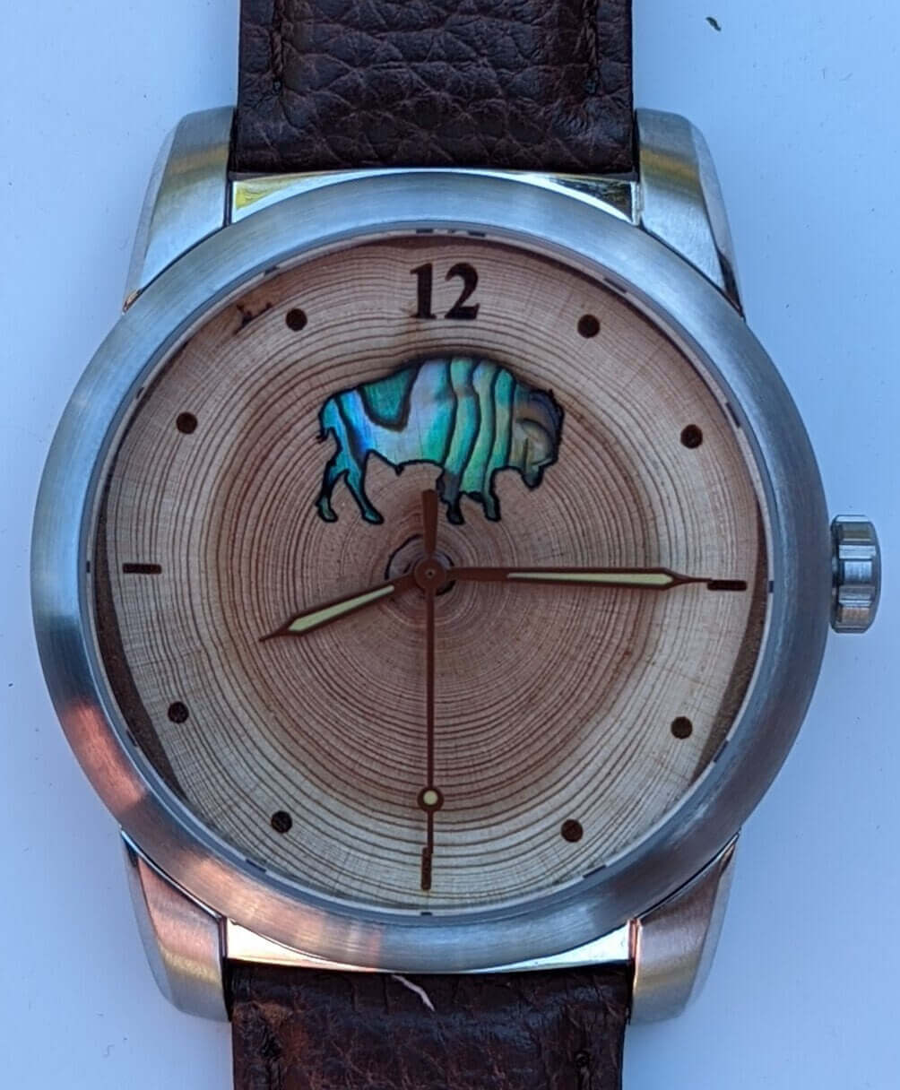 Colorado Bison watch featuring Mother of Pearl inlay on hand-selected wood dial with unique growth rings.