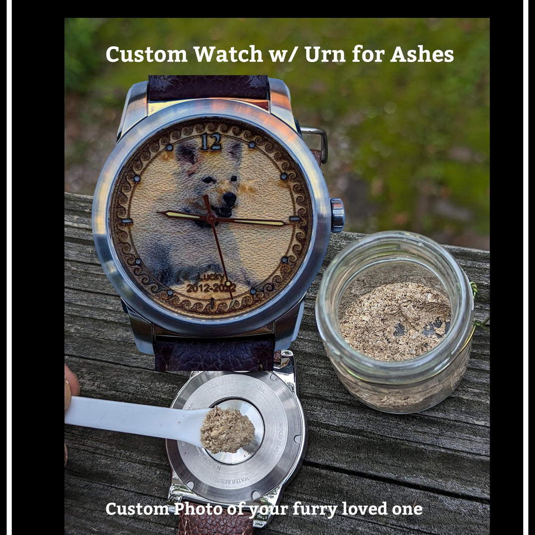 Custom watch with photo of pet and compartment for ashes, honoring furry loved ones, a heartfelt memorial gift.